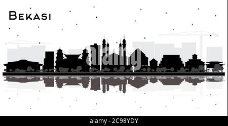 Bekasi Indonesia City Skyline Silhouette con edifici neri e riflessi isolati su bianco. Illustrazione vettoriale. Illustrazione Vettoriale