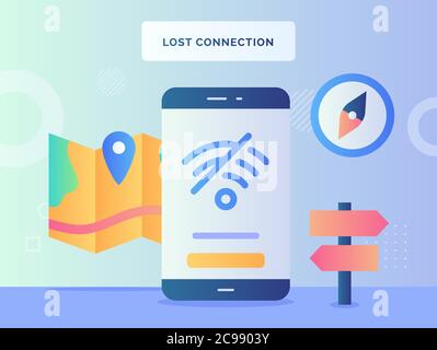 Concetto di connessione persa icona wifi croce fuori nessun segnale accesso a Internet sul display schermo dello smartphone sfondo del segnale della mappa bussola con stile piatto. Illustrazione Vettoriale