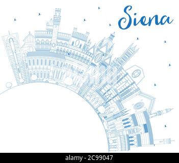 Profilo Siena Toscana Italia skyline della città con edifici blu e copia di spazio. Illustrazione Vettoriale. Illustrazione Vettoriale