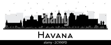 Havana Cuba City Skyline Silhouette con edifici neri isolati su bianco. Illustrazione vettoriale. Illustrazione Vettoriale