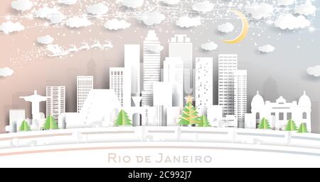 Rio de Janeiro Brazil City Skyline in stile Paper Cut con fiocchi di neve, Luna e Neon Garland. Illustrazione vettoriale. Natale e Capodanno. Illustrazione Vettoriale