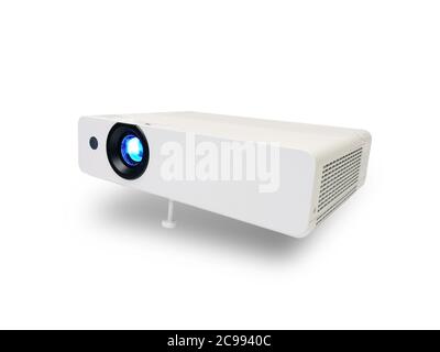 Vista prospettica della presentazione video e della casa del proiettore LCD bianco Intrattenimento isolato su sfondo bianco con tracciato di ritaglio Foto Stock