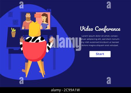 Design in modalità scura del modello Web. Donna che lavora a casa che fa la videoconferenza. Illustrazione Vettoriale