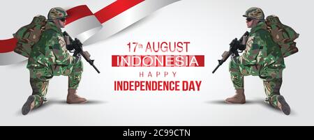 Illustrazione del 17 agosto sfondo per Happy Independence Day dell'Indonesia. Un soldato con pistola e bandiera. Illustrazione vettoriale. Illustrazione Vettoriale