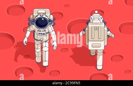 Spaceman nello spazio sulla superficie del pianeta vista anteriore e posteriore Illustrazione Vettoriale