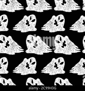 Vettore in bianco e nero simpatico schizzo di righe di fantasmi cartoni animati modello senza giunture. Sfondo per poster halloween, biglietti d'auguri, inviti, confezionamento Illustrazione Vettoriale