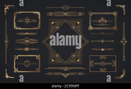 Set di elementi Art Deco. Elementi vettoriali di geometric Golden label frame, oro cornici, antico elegante set di design vintage. Illustrazione Vettoriale