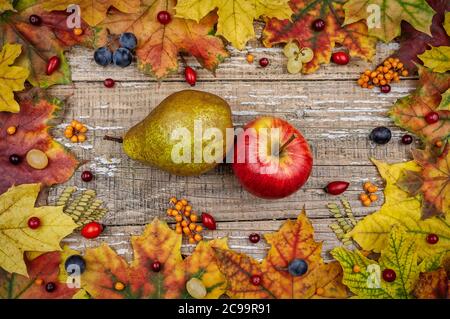 Foglie d'autunno, bacche e frutta sullo sfondo. Foto Stock