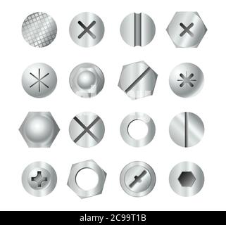 Teste dei bulloni in metallo. Serie di diversi tipi di teste per viti isolate su sfondo bianco. Vista dall'alto industriale bulloni, viti, chiodi, rivetti. Illustrazione Vettoriale