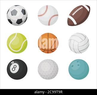 Set vettoriale di palline cartoon. Icone delle palline sportive: Pallavolo, basket, calcio, golf, football americano, bowling isolato su sfondo bianco. Illustrazione Vettoriale