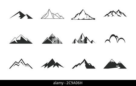 Montagne, rocce e picchi. Tibet o vette delle Alpi. Set di icone vettore escursionistico alpinista. Illustrazione Vettoriale