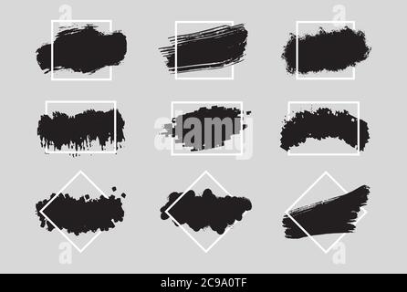 Raccolta di inchiostri con cornice geometrica. Set di vernice nera, pennellate di inchiostro, pennelli, linee. Illustrazione vettoriale Illustrazione Vettoriale