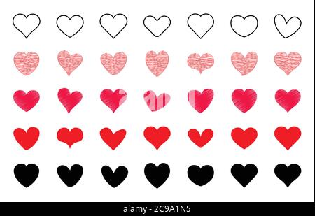Forme del cuore. Icone di cuori amorevoli e graziosi simboli romantici. Illustrazione Vettoriale