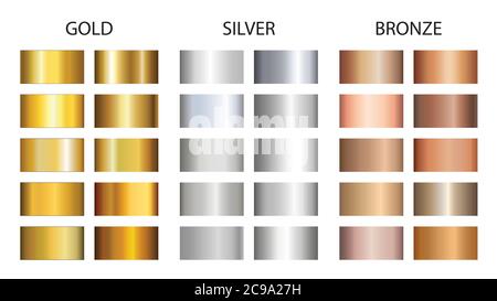 Sfumature oro, argento, bronzo. Immagine metallica con struttura a icone vettoriali per cornice, nastro, striscione, moneta ed etichetta. Illustrazione Vettoriale
