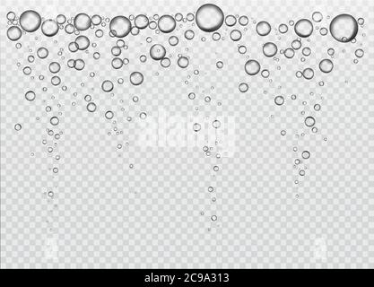 Bolle d'aria vettoriali realistiche. Gocce d'acqua o bolle d'aria isolate su sfondo trasparente. Illustrazione Vettoriale