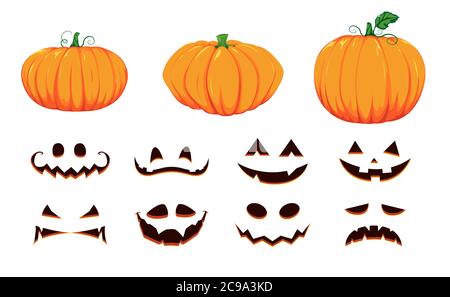 Collezione Halloween di volti di zucca. Generatore con zucche vuote e facce spaventose. Set di cartoni animati vettoriali. Illustrazione Vettoriale