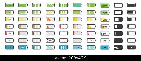 Icone dell'indicatore di carica della batteria. Indicatore di carica delle batterie scariche e icona di carica della batteria scarica. Icone impostate per la progettazione dell'interfaccia dello smartphone Illustrazione Vettoriale