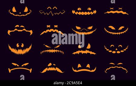 Halloween zucche facce. Collezione di zucche di Halloween scolpiti profili silhouette. Le icone delle zucche emotivo variano. Illustrazione vettoriale Illustrazione Vettoriale