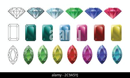Set di gioielli. Illustrazione vettoriale di pietre preziose di tagli e colori diversi. Illustrazione Vettoriale