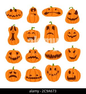 Set di facce di zucche halloween. Il simbolo principale della felice vacanza di Halloween. Zucca arancione con sorriso per il tuo design per la vacanza Halloween. Illustrazione Vettoriale