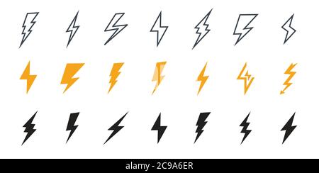 Icona Lightning. Semplice icona tempesta o tuono e fulmine colpo. Insieme di icone che rappresentano fulmini, fulmini o temporale. Illustrazione Vettoriale