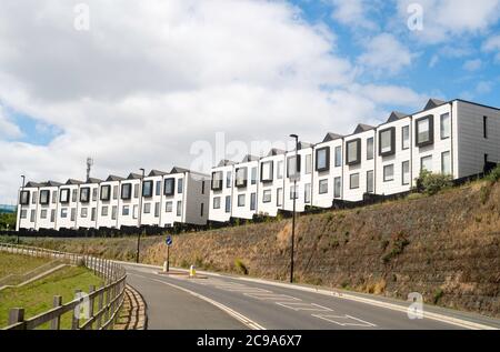 Case modulari costruite in fabbrica dagli architetti Shedkm a Smith's Dock, a North Shields, North Tyneside, Inghilterra, Regno Unito Foto Stock