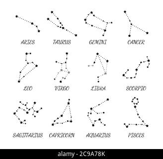 Costellazioni zodiacali. Ariete, Toro, Leone, Gemelli, Vergine, Scorpione, Bilancia, Acquario, Sagittario, Pesci, Capricorno, cancro. Vettore, isolato su bianco Illustrazione Vettoriale