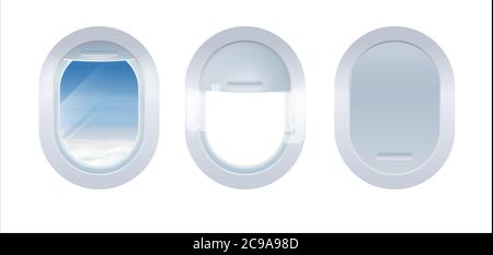 Set di finestre per aeromobili isolate su sfondo bianco. Portholes realistici di aeroplano da plastica bianca con le sfumature aperte e chiuse delle finestre. Illustrazione Vettoriale