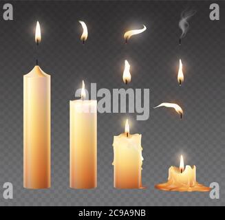 Set di candele. Candele di cera che bruciano realistiche per l'animazione. Illustrazione vettoriale isolata su sfondo trasparente. Illustrazione Vettoriale