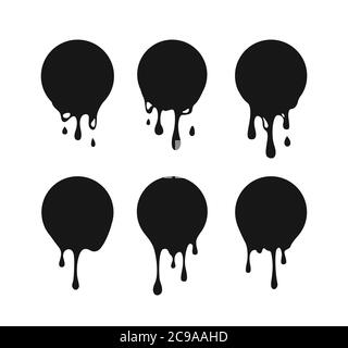 Gocciolamento della vernice circolare. Raccolta isolata di gocce, macchie rotonde, schizzi, perdite di inchiostro o macchie circolari nere liquide. Illustrazione vettoriale. Illustrazione Vettoriale
