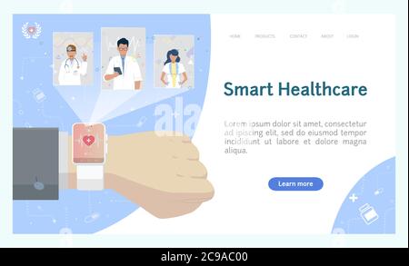Servizi medici futuri. Utilizzo di Smart Watch per comunicare con il medico. Tecnologie digitali in medicina. Banner Web vettoriale. Illustrazione Vettoriale
