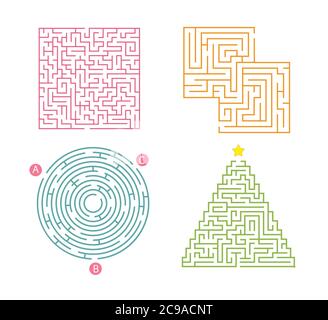 Set di 4 labirinto. Elemento di design a labirinto. Semplice gioco a labirinto rotondo, quadrato e triangularmaze per bambini. Ingresso e uscita. Giochi di puzzle per bambini. Illustrazione Vettoriale