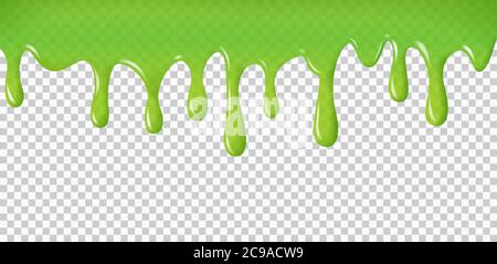 Calce da gocciolamento realistica. La vernice verde gocciola e scorre. Spruzzi radioattivi liquidi e blob per il design di Halloween isolato su sfondo trasparente Illustrazione Vettoriale