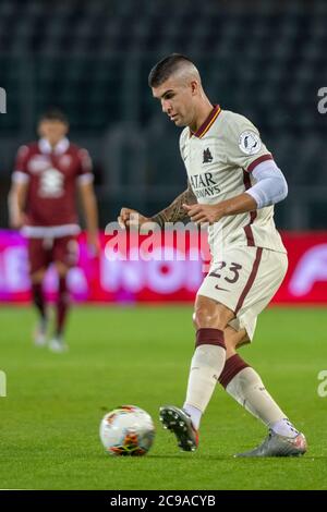 29 luglio 2020; Stadio Olimpico Grande Torino, Torino, Piemonte, Italia; Serie A Football, Torino contro Roma; Gianluca Mancini COME Roma sul pallone Foto Stock