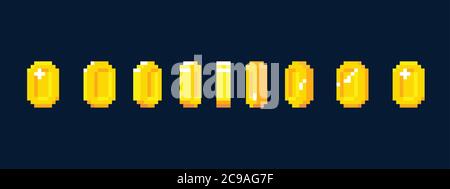 Pixel art oro moneta animazione. Passo dopo passo capovolgendo i fotogrammi di animazione di bit coin. Moneta d'oro vettoriale per videogiochi. Illustrazione Vettoriale