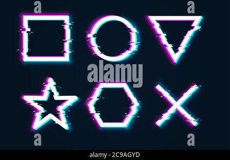 Cornice di glitch distorta. Cornici circolari, quadrate, esagonali, a croce, a stella e triangolari. Logo di distorsione musicale, geometria astratta della distorsione tv Illustrazione Vettoriale