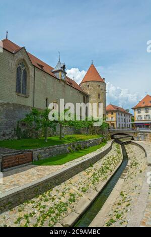 Svizzera, Cantone di Vaud, Yverdon-les-Bains, Castello (Chateau) circa 13C Foto Stock