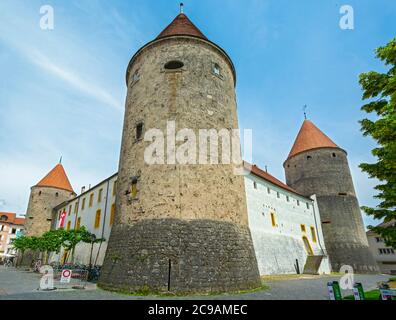 Svizzera, Cantone di Vaud, Yverdon-les-Bains, Castello (Chateau) circa 13C Foto Stock