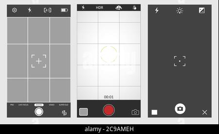 Set di viewfinder in bianco e nero della fotocamera. Vista retrocamera e fotogrammi di messa a fuoco. Illustrazione vettoriale. Illustrazione Vettoriale