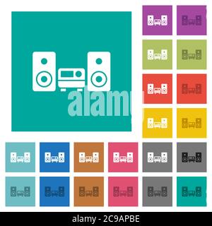 Sistema stereo icone piatte multicolore su sfondi quadrati. Incluse variazioni delle icone bianche e più scure per il passaggio del mouse o gli effetti attivi. Illustrazione Vettoriale