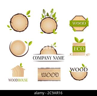 Etichette Eco in legno, logo, collezione adesivi con foglie verdi. Illustrazione Vettoriale