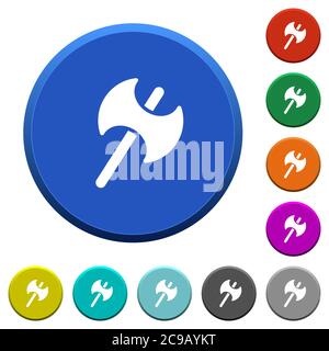 Bottoni smussati rotondi con due teste e ascia da battaglia, con superfici lisce e icone bianche piatte Illustrazione Vettoriale