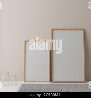 Due mockup verticali con cornice bianca, cornice bianca su parete beige, illustrazione 3d Foto Stock