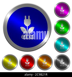Icone eco-energetiche su pulsanti tondi in acciaio color moneta Illustrazione Vettoriale