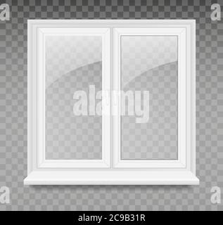 Illustrazione vettoriale con finestra in plastica bianca isolata su sfondo trasparente. Elemento di finestra vettoriale realistico chiuso di architettura e interni Illustrazione Vettoriale