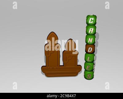 Immagine grafica 3D di candele in verticale insieme al testo costruito intorno all'icona da lettere cubiche metalliche dalla prospettiva superiore. Eccellente per la presentazione concettuale e le presentazioni. Sfondo Foto Stock