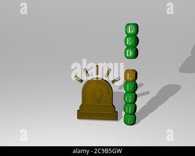 Rappresentazione 3D della LUCE LED con icona sulla parete e testo disposto da lettere cubiche metalliche su un pavimento a specchio per il significato concettuale e la presentazione della presentazione. Sfondo e illustrazione Foto Stock