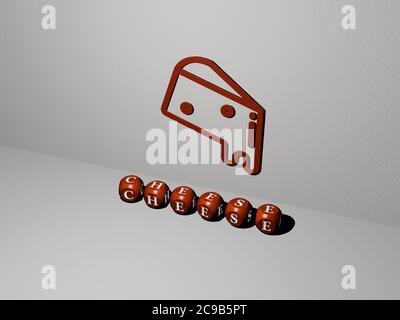 Illustrazione in 3D della grafica E del testo DEL FORMAGGIO con lettere metalliche per i significati correlati del concetto e delle presentazioni. Sfondo e cibo Foto Stock