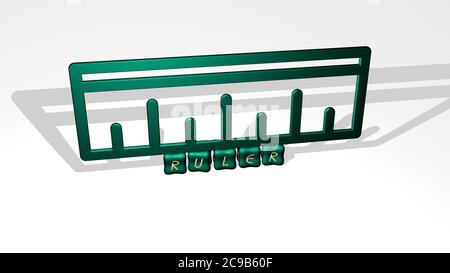 Immagine grafica 3D del RIGHELLO in verticale insieme al testo costruito da lettere cubiche metalliche dalla prospettiva superiore, eccellente per la presentazione concettuale e le presentazioni. Illustrazione e sfondo Foto Stock