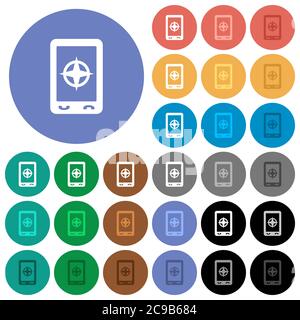 Bussola mobile icone piatte multicolore su sfondi rotondi. Incluse variazioni delle icone bianche, chiare e scure per gli effetti di stato attivo e del passaggio del mouse, e. Illustrazione Vettoriale